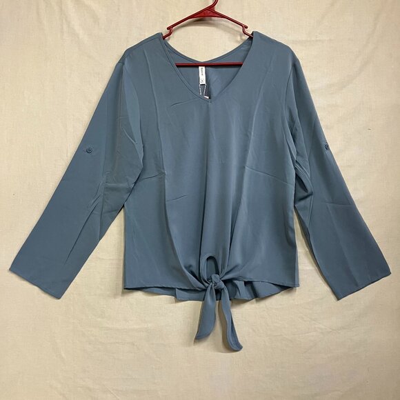 SUEANI Women's S Gray Tie Front Top Summer V-Neck Long Sleeve Twist Knot T-Shirt - Picture 1 of 12